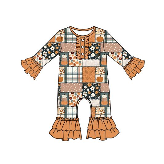 (Pre-order)LR2388 Pumpkin Flowers Plaid Print Baby Girls Fall Romper