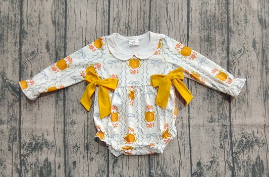 (Pre-order)LR2389 Pumpkin Flowers Bows Print Baby Girls Fall Bubble Romper