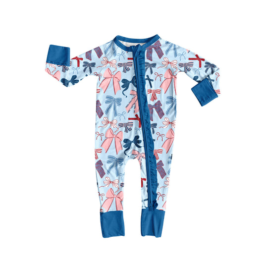 (Pre-order)LR2390 Red Bows Blue Print Baby Girls Fall Zipper Sleeper Romper