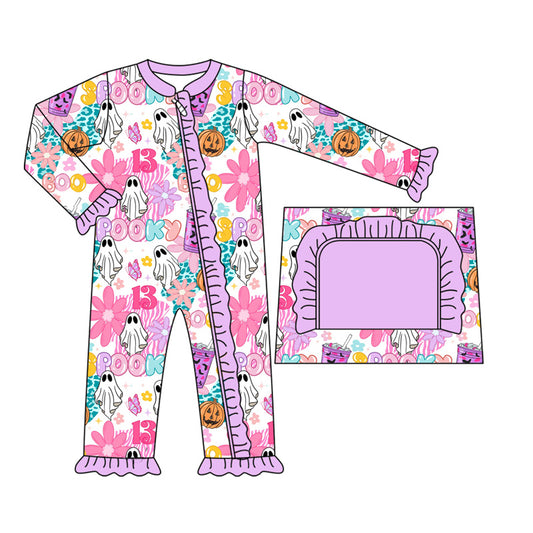 (Pre-order)LR2391 Flowers Ghost POOKY Print Baby Girls Halloween Zipper Sleeper Romper