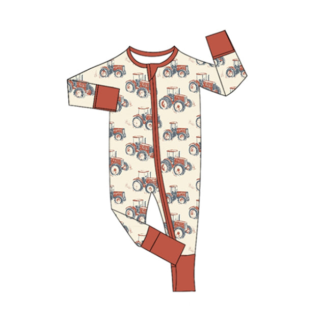 (Pre-order)LR2392 Tractors Print Baby Boys Fall Zipper Sleeper Romper