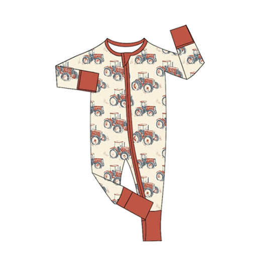(Pre-order)LR2392 Tractors Print Baby Boys Fall Zipper Sleeper Romper
