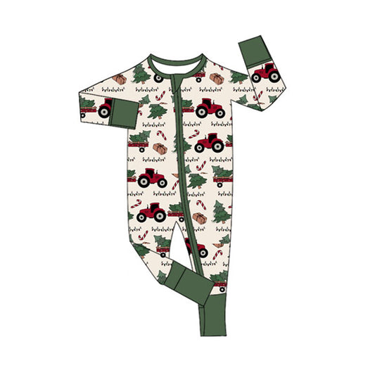 (Pre-order)LR2393 Tractors Tree Print Baby Boys Christmas Zipper Sleeper Romper