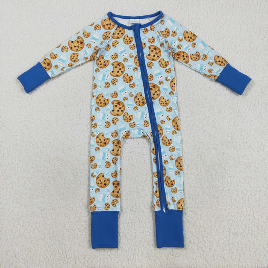 LR2397 Cookies Milk Blue Print Baby Boys Fall Zipper Sleeper Romper