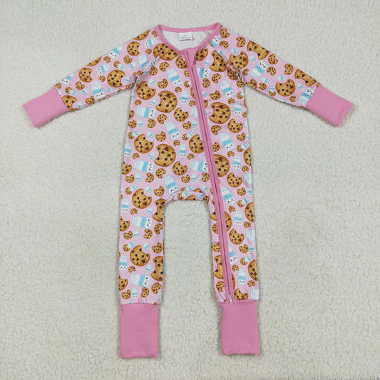 LR2398 Cookies Milk Pink Print Baby Girls Fall Zipper Sleeper Romper