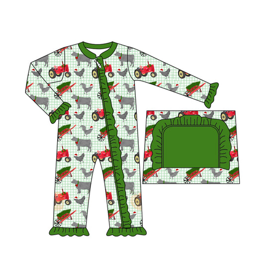 (Pre-order)LR2399 Tractors Animals Print Baby Girls Christmas Zipper Sleeper Romper