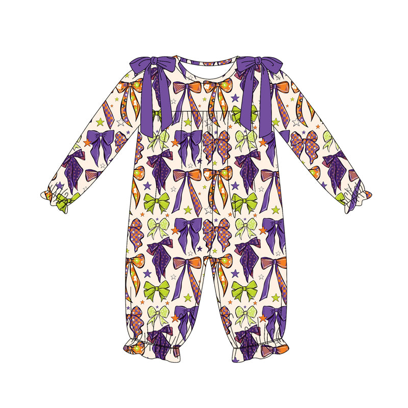(Pre-order)LR2404 Purple Bows Print Baby Girls Halloween Romper