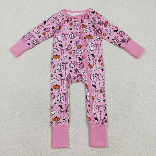 LR2405 Spooky Pumpkin Bows Pink Print Baby Girls Halloween Zipper Sleeper Romper