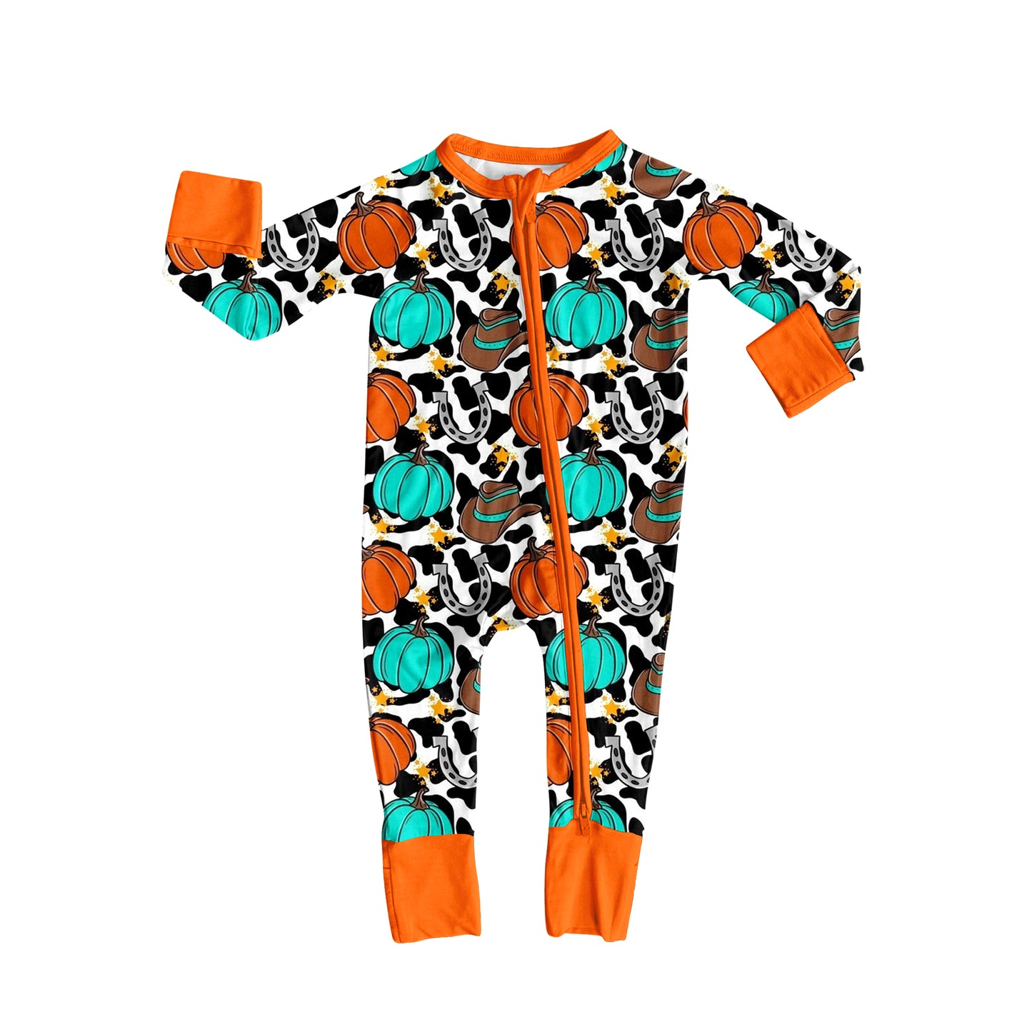 (Pre-order)LR2408 Hat Pumpkin Western Print Baby Fall Zipper Sleeper Romper