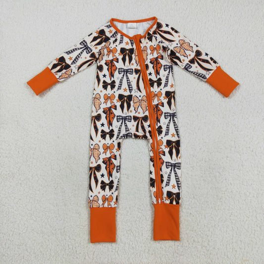 LR2409 Orange Bows Print Baby Girls Halloween Zipper Sleeper Romper