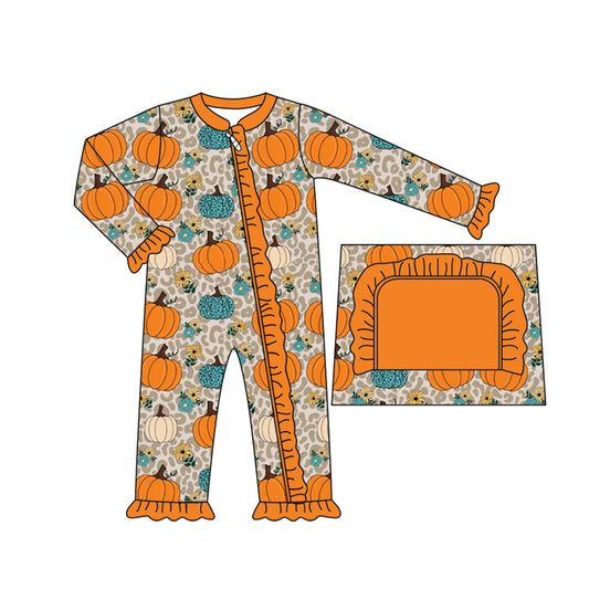 (Pre-order)LR2413 Pumpkin Flowers Print Baby Girls Fall Zipper Sleeper Romper