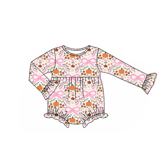 (Pre-order)LR2414 Pumpkin Flowers Bows Print Baby Girls Fall Bubble Romper