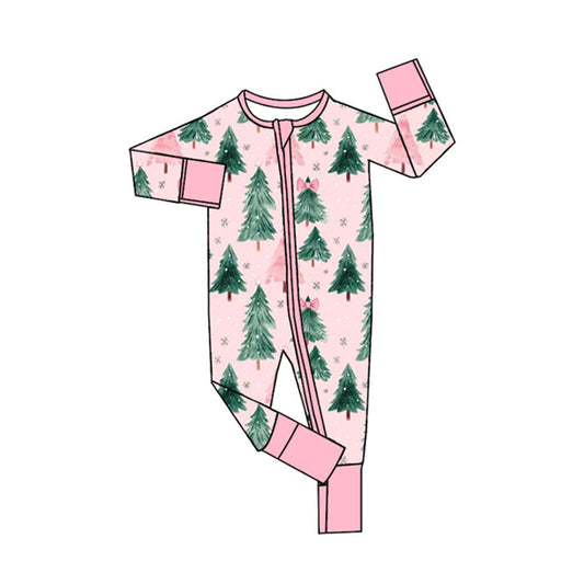 (Pre-order)LR2415 Tree Pink Print Baby Girls Christmas Zipper Sleeper Romper