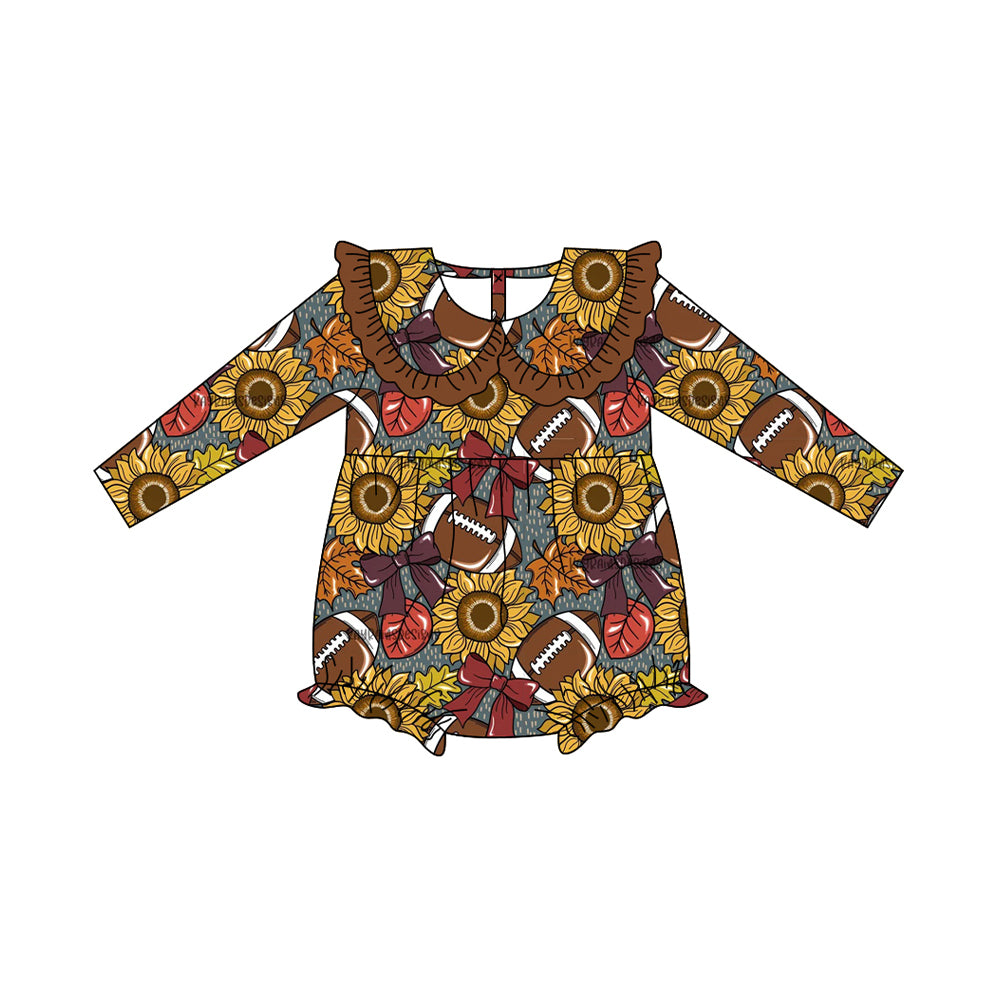 (Pre-order)LR2416 Sunflowers Football Print Baby Girls Fall Bubble Romper
