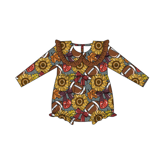 (Pre-order)LR2416 Sunflowers Football Print Baby Girls Fall Bubble Romper