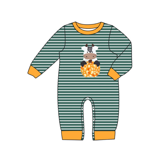 (Pre-order)LR2418 Cow Pumpkin Stripes Print Baby Boys Fall Romper