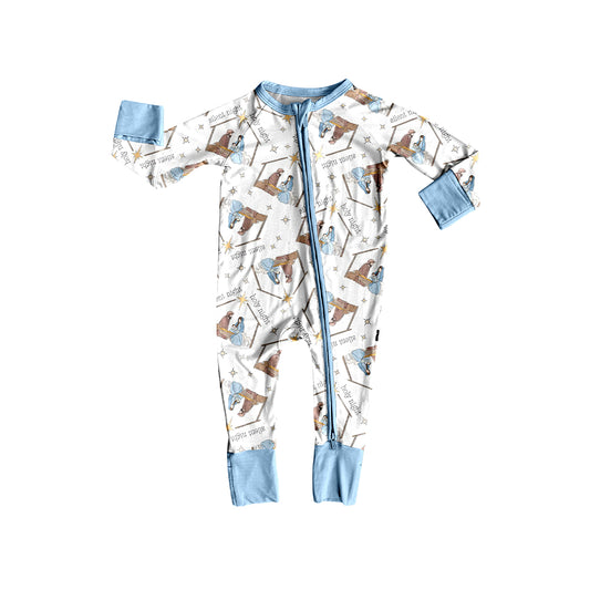 (Pre-order)LR2419 Nativity Blue Print Baby Christmas Zipper Sleeper Romper