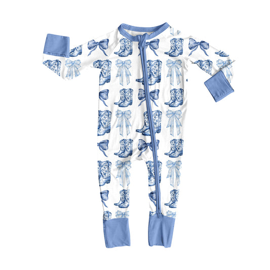 (Pre-order)LR2420 Bows Boots Blue Print Baby Girls Western Zipper Sleeper Romper