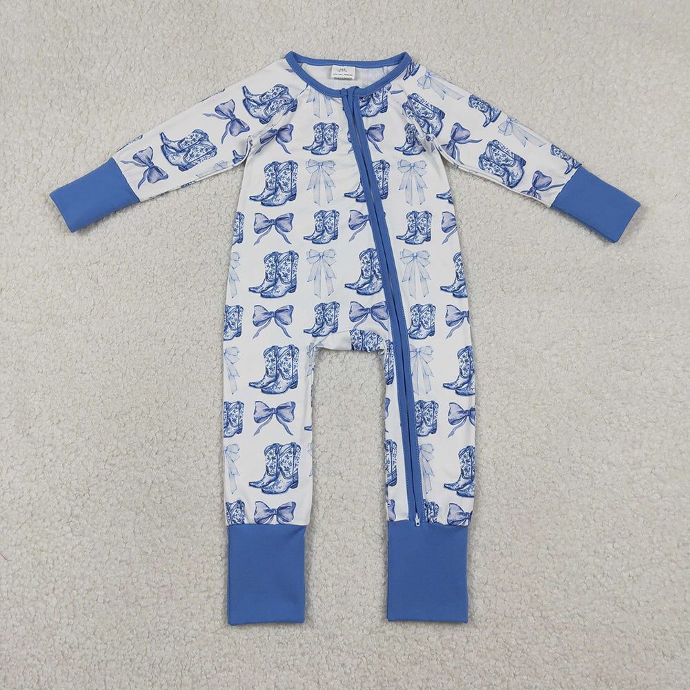 LR2420 Bows Boots Blue Print Baby Girls Western Zipper Sleeper Romper
