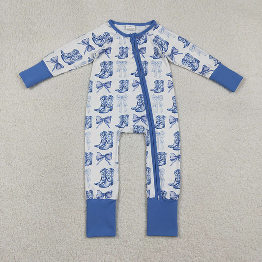 LR2420 Bows Boots Blue Print Baby Girls Western Zipper Sleeper Romper