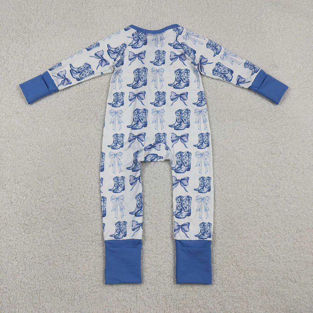 LR2420 Bows Boots Blue Print Baby Girls Western Zipper Sleeper Romper