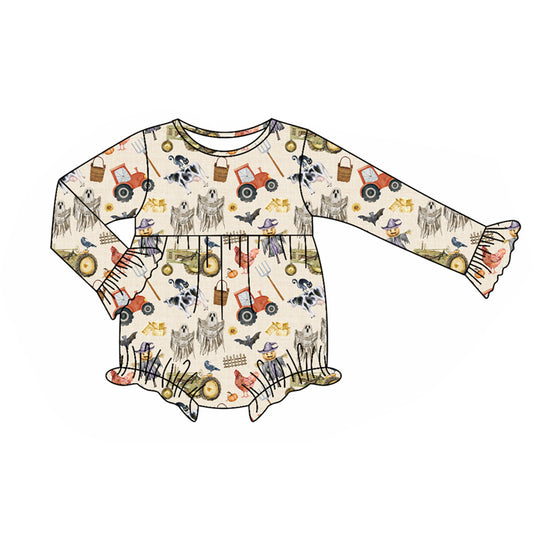(Pre-order)LR2421 Farm Animals Spooky Print Baby Girls Halloween Bubble Romper