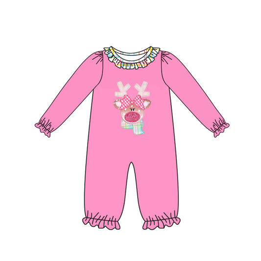 (Pre-order)LR2426 Deer Pink Print Baby Girls Christmas Romper