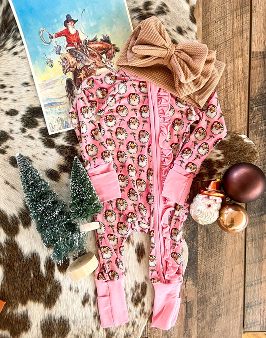(Pre-order)LR2427 Santa Candy Cane Pink Print Baby Girls Christmas Zipper Sleeper Romper