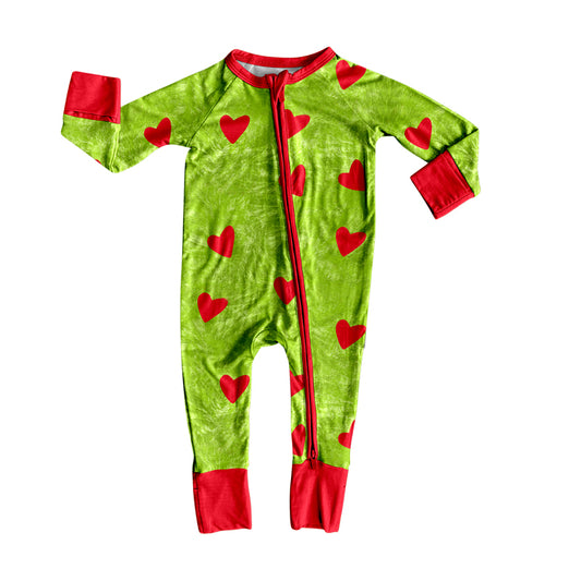 (Pre-order)LR2435  Green Frog Heart Print Baby Christmas Zipper Sleeper Romper
