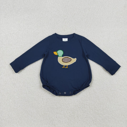 LR2436 Duck Embroidery Navy Baby Boys Fall Bubble Romper
