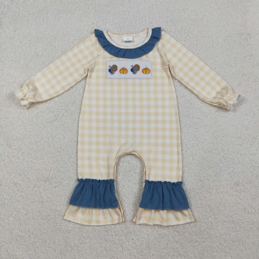 LR2438 Turkey Pumpkin Embroidery Plaid Print Baby Girls Thanksgiving Romper