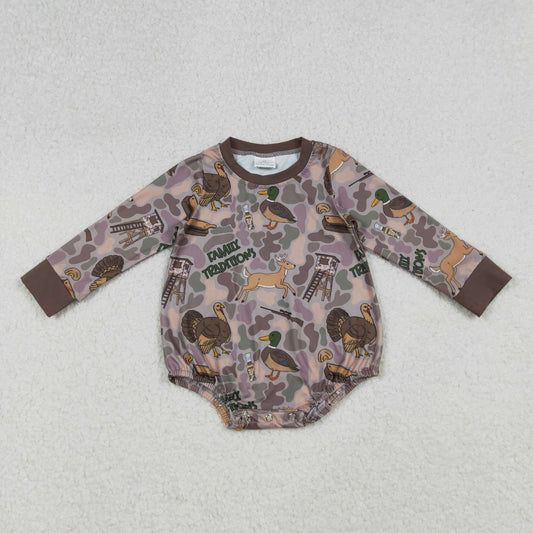 LR2440 Brown Camo Hunting Print Baby Boys Fall Bubble Romper