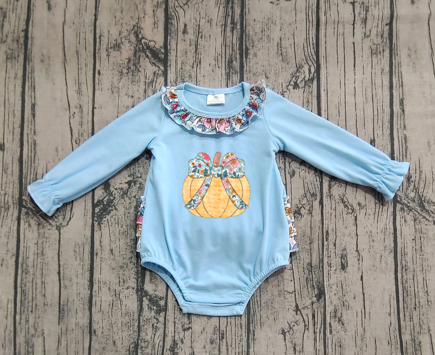 (Pre-order)LR2441 Pumpkin Flowers Print Baby Girls Fall Bubble Romper