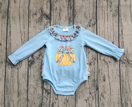 (Pre-order)LR2441 Pumpkin Flowers Print Baby Girls Fall Bubble Romper