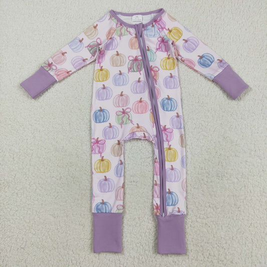 LR2442  Colorful Pumpkin Print Baby Girls Fall Zipper Sleeper Romper