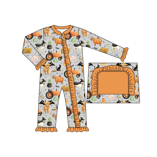 (Pre-order)LR2443  Farm Animals Pumpkin Print Baby Girls Halloween Zipper Sleeper Romper