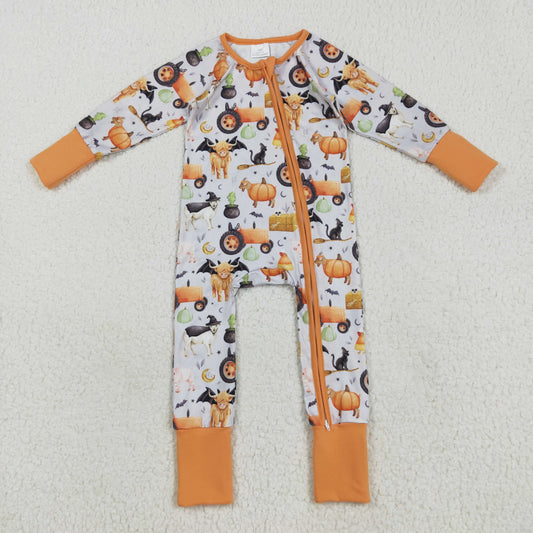 LR2444  Farm Animals Pumpkin Print Baby Boys Halloween Zipper Sleeper Romper
