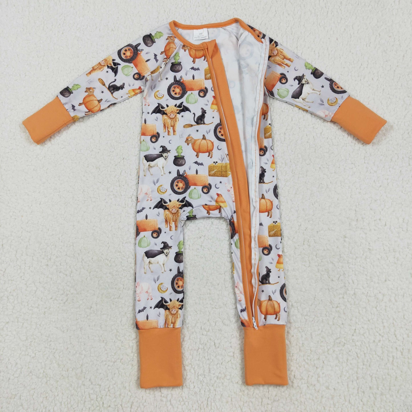 LR2444  Farm Animals Pumpkin Print Baby Boys Halloween Zipper Sleeper Romper