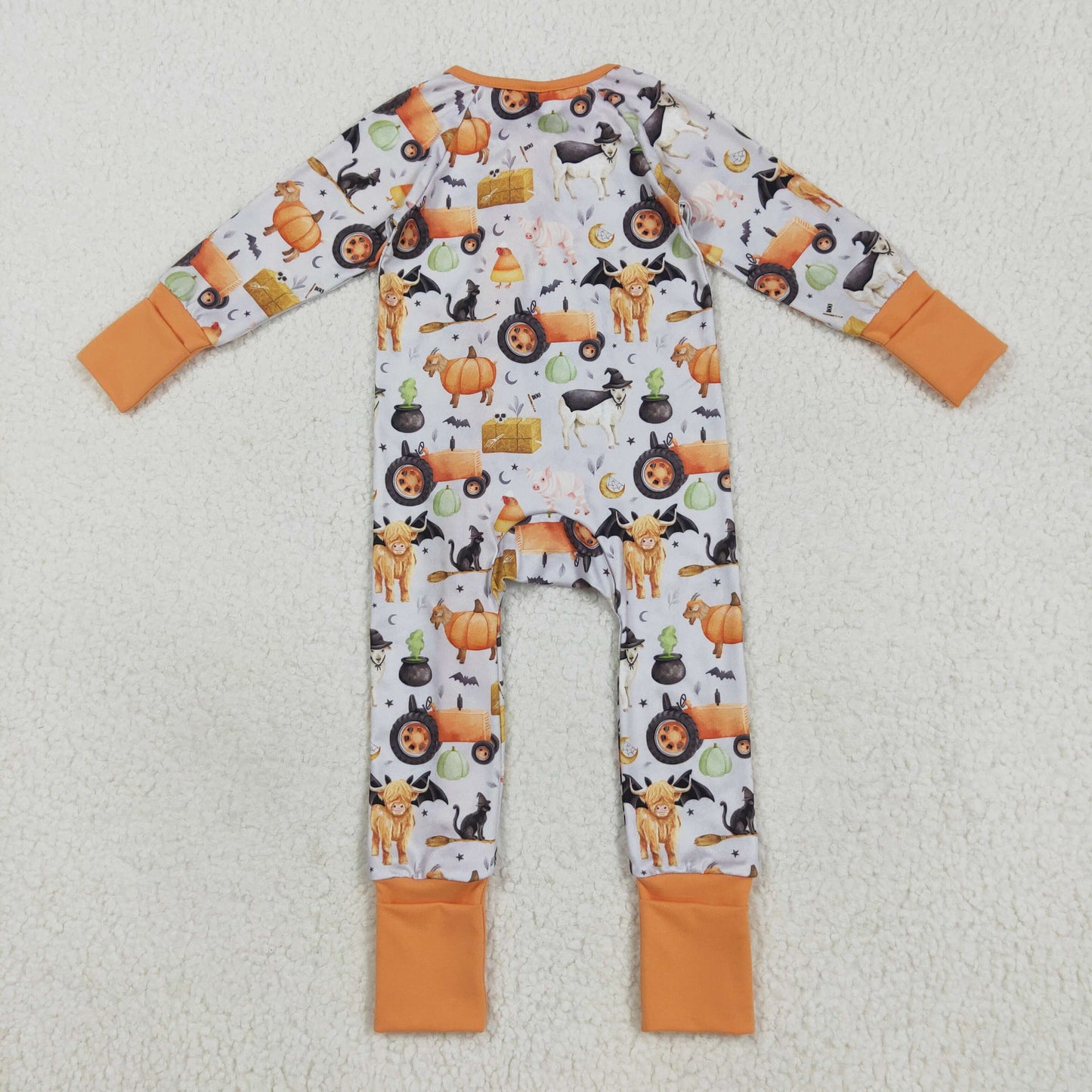 LR2444  Farm Animals Pumpkin Print Baby Boys Halloween Zipper Sleeper Romper