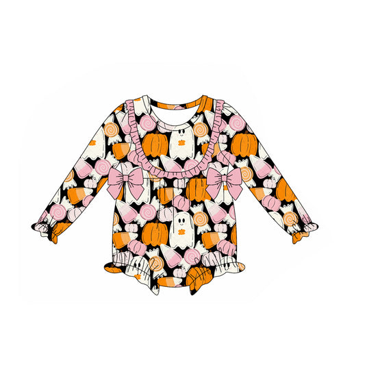 (Pre-order)LR2445 Spooky Pumpkin Candy Print Baby Girls Halloween Bubble Romper
