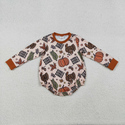 LR2447 Turkey Pumpkin Print Baby Boys Thanksgiving Bubble Romper