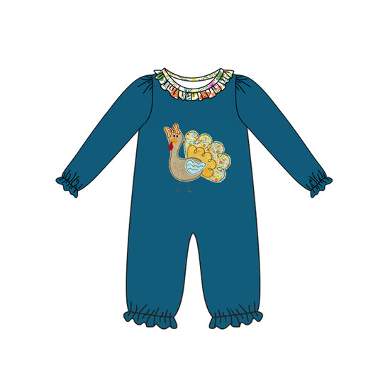 (Pre-order)LR2448 Turkey Blue Print Baby Girls Thanksgiving Romper