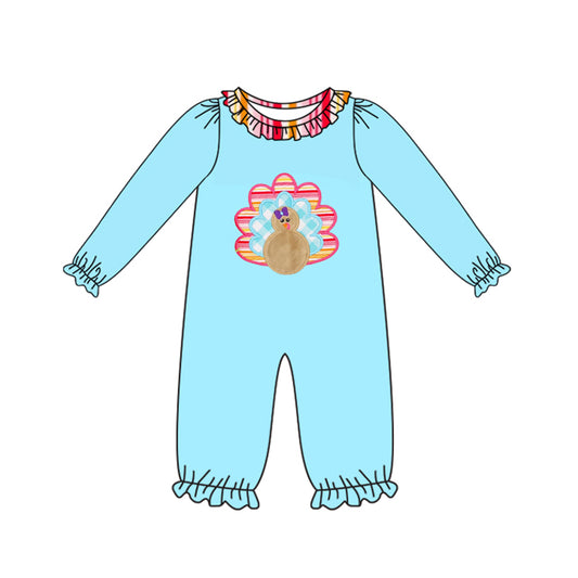(Pre-order)LR2449 Turkey Blue Print Baby Girls Thanksgiving Romper