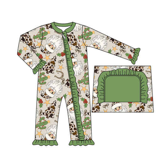 (Pre-order)LR2451  Santa Cactus Print Baby Girls Christmas Zipper Sleeper Romper