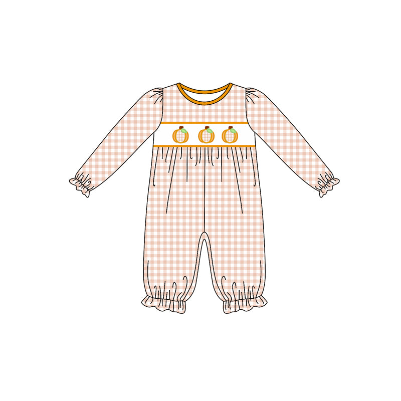 (Pre-order)LR2458 Pumpkin Plaid Print Baby Girls Fall Romper