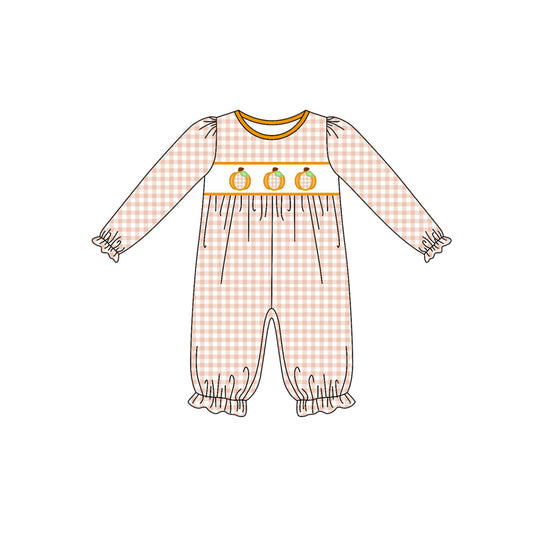 (Pre-order)LR2458 Pumpkin Plaid Print Baby Girls Fall Romper