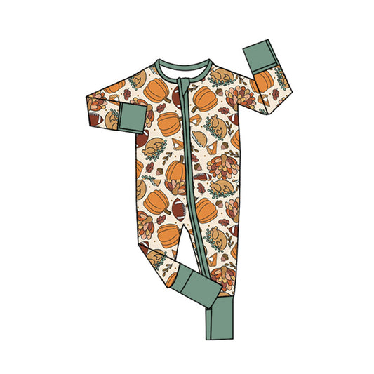 (Pre-order)LR2459  Turkey Pumpkin Print Baby Girls Thanksgiving Zipper Sleeper Romper