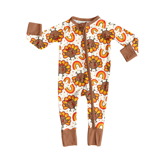 (Pre-order)LR2460  Turkey Rainbow Print Baby Girls Thanksgiving Zipper Sleeper Romper