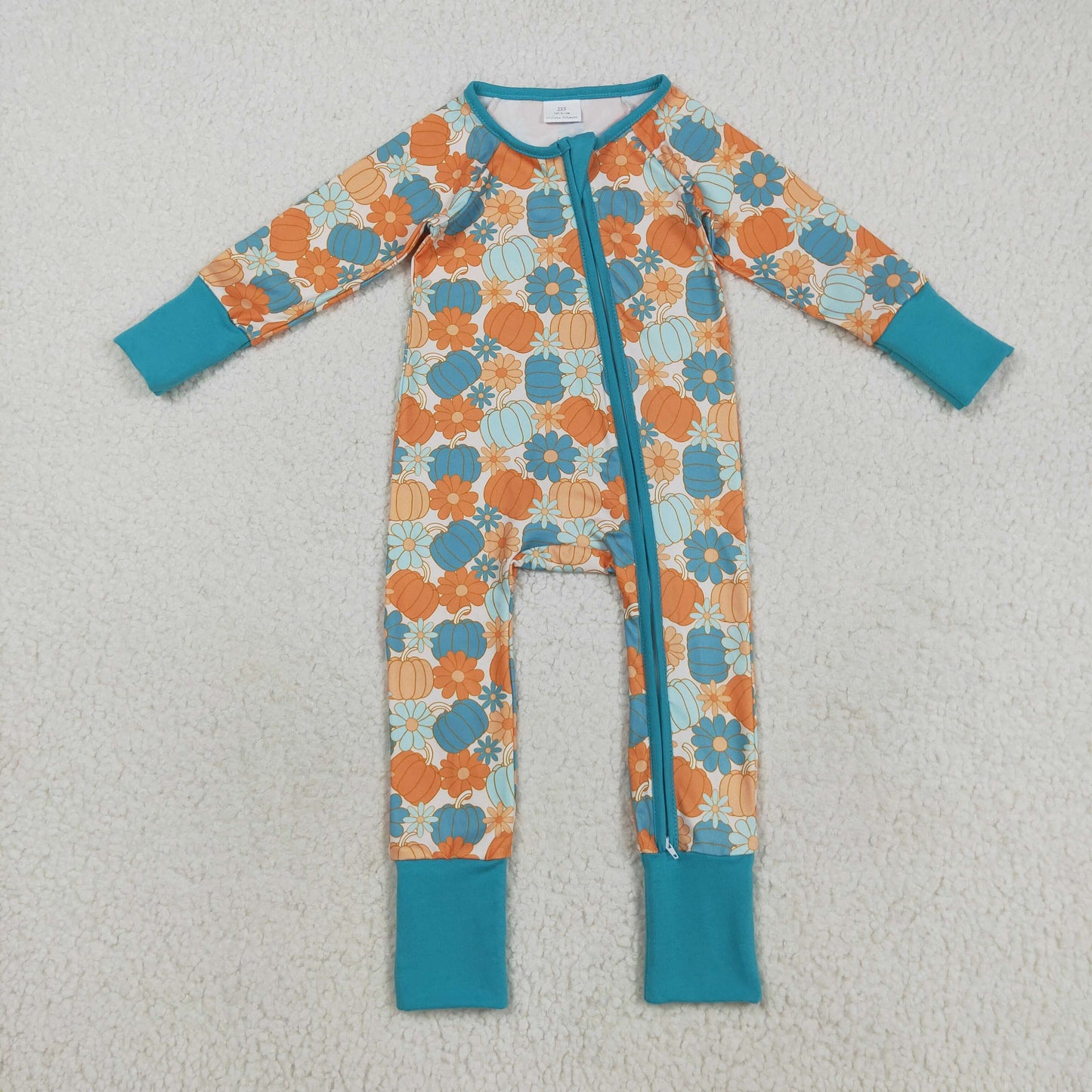 LR2461  Pumpkin Flowers Print Baby Girls Fall Zipper Sleeper Romper