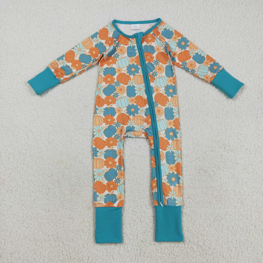 LR2461  Pumpkin Flowers Print Baby Girls Fall Zipper Sleeper Romper